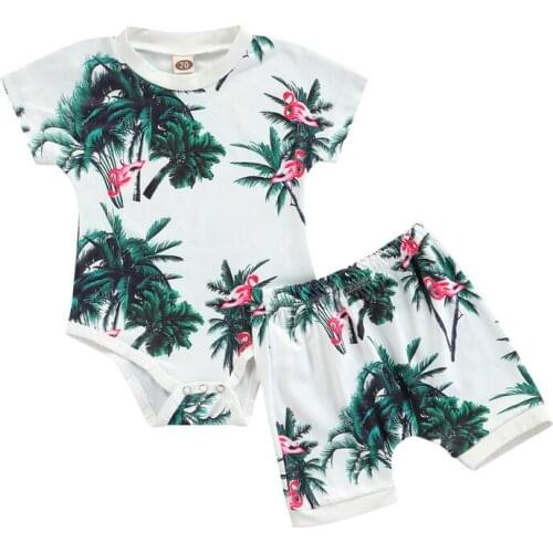 2 Pcs Boys Summer Outfits Infant Baby Plant Print Round Neck Short Sleeve Romper + Shorts Two Piece Toddler Boy Clothing Suit