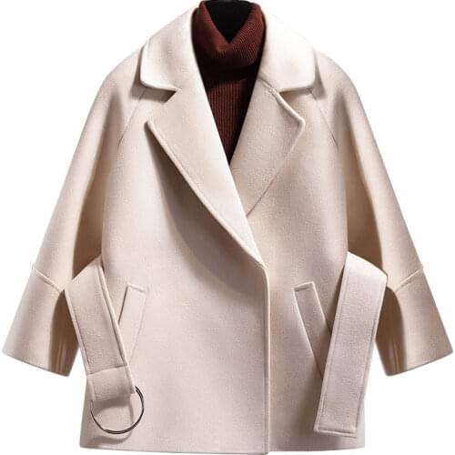 4XL Large Size Blended Woolen Coat Womens Wool Jacket Korean Style Short Black Apricot Autumn Winter Coat Outwear With Belt K10