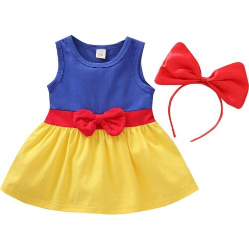 1-5Years Baby Girl Summer Outfits Sleeveless Round Neck Color Block Dress + Bow Headband 2Pcs Clothes Set