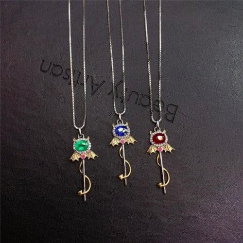 Cute Little Devil Natural Sapphire Emerald Ruby Necklace S925 Sterling Silver Woman Pendant Exquisite Two-tone Craft Pendant