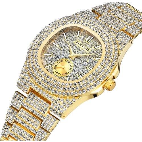 PINTIME Hip Hop Iced Out Men Watch Round CZ Quartz Luxury Mens Wrist Watches Gold Stainless Steel Clock Relogio Masculino