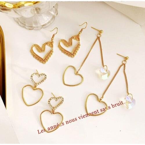 QiLuxy New Fashion Heart Dangle Earrings Rhinestone Gold Color Long Love Heart Drop Earrings for Women Girl CZ Earrings Jewelry