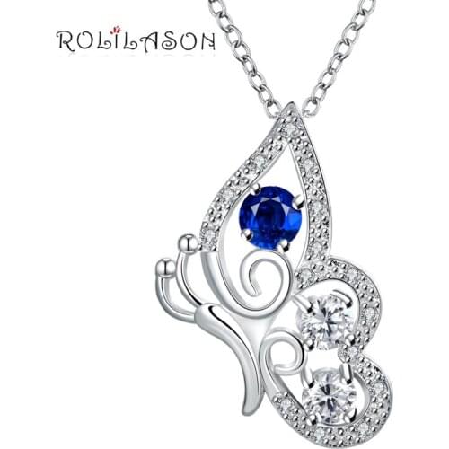 ROLILASON Beautiful Butterfly Animal Design Cubic Zirconia Blue Crystal Fashion silver color Necklace Pendants Jewelry LNS659