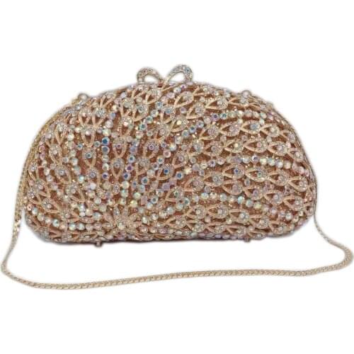 Bag For Women Luxury Hand Inlaid AB Diamond Dazzling Women Gold Flower Hollow Out Crystal Evening Metal Clutches Bag