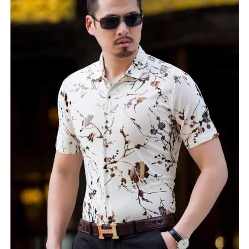 BONJEAN Mens Summer silk Shirts Short Sleeve Business Casual Floral Print Shirt Mens Dress Shirts Slim Soft Thin Comfortable