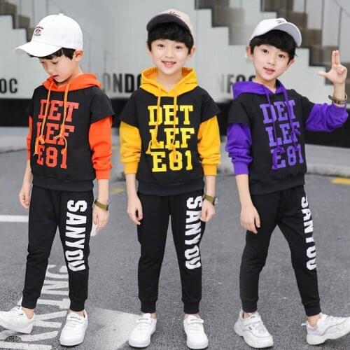 Spring Autumn Kids Boys Sport Wear 2 Piece Sets Patchwork Sleeve Letter Printed Hoodies+Sweatpants Children Tracksuit 4-13T