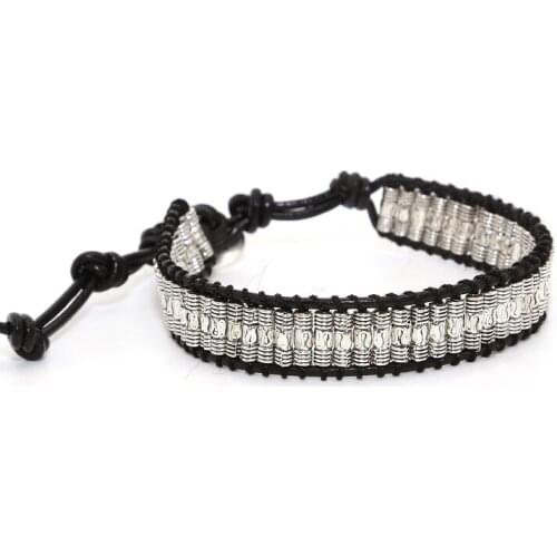 Chic Style Genuine Leather circular tube Metal Beads Single Wrap Bracelet