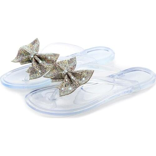 40GC Women Shiny Rhinestone Bowknot Flip-Flops Colorful Jewelry Sequins Flat Sandals Plastic Summer Beach Jelly Clip Toe Shoes