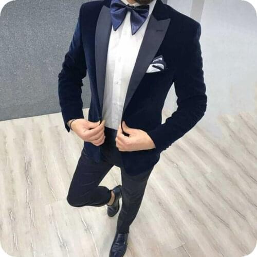 Navy Blue Velvet Smoking Jacket Prom Suits Pants Men Wedding Suits Groom Tuxedos Peaked Lapel 2Piece Slim Fit Terno Masculino