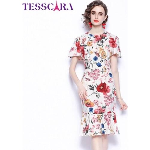 TESSCARA Women Summer Elegant Floral Dress Festa Female High Quality Wedding Party Robe Femme Vintage Designer Trumpet Vestidos