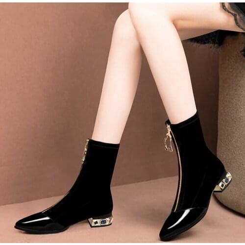Womens Rubber Boots Zipper Shoes Booties Ladies Boots-women Crystal Rain Med Ankle Pointy 2021 Stockings Autumn Rhinestone