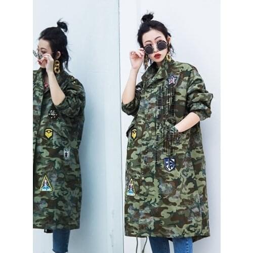Military Camouflage Trench Coat 2021 Oversize Outwear Women Badges Punk Windbreaker for girl Harajuku Coat Plus Size SA106S30
