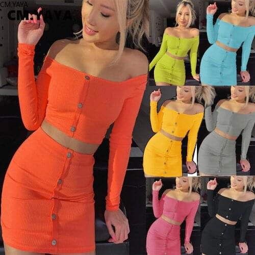 2020 Summer Women Sets Dress Knitted Slash Neck Tops+Skirts Suits Sexy Two Piece Set Night Club Party Tracksuits Beach GL8637