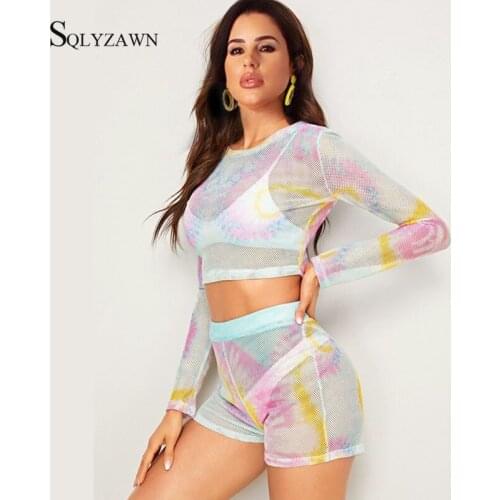 Women Sexy Sweet Mesh Transparent Tie Dye Two Piece Set Long Sleeve Crop Top and Shorts Ladies Clubwear Fishnet Bodycon Outfit