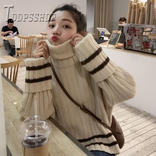 2019 Winter Long Sleeve Pullovers Women Sweater Turtleneck Striped Knitted Female Sweaters