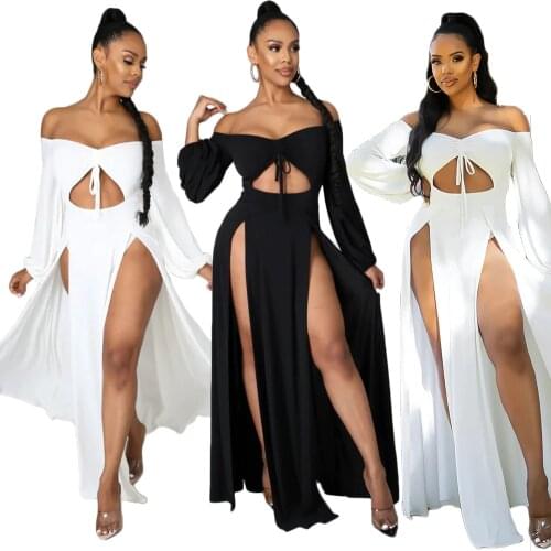 Womens Slash Neck Long Sleeve Bohemian Dress White Off The Shoulder Side High Split Beach Dresses Black Cut Out Maxi Vestidos
