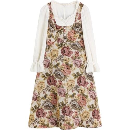 2021 Spring Dress Female Long Retro Fashion V-neck Embroidery Patchwork Elegant Chic Party Dress Women vestidos