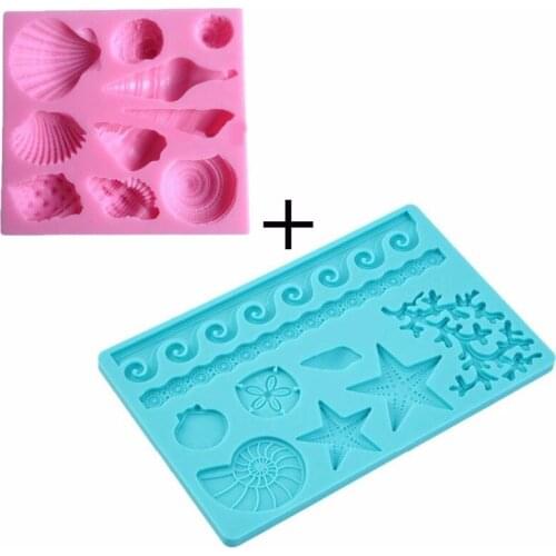 2Pcs/set Cute Seashell Ocean Shell Sea Life Silicone Mold for Fondant Chocolate Sugar Craft DIY Cake Candy Decorating
