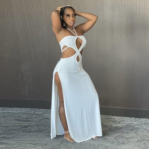 2021 Summer Sexy Hollow Out New Dresses Women Dress Ladies Club Wear Sleeveless Halter Dress Slip High Waist Dress
