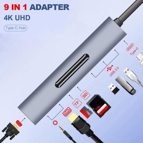 9 in 1 USB-C Type-C to HDMI-compatible VGA Audio PD TF Micro-SD Converter Adapter Hub Dock