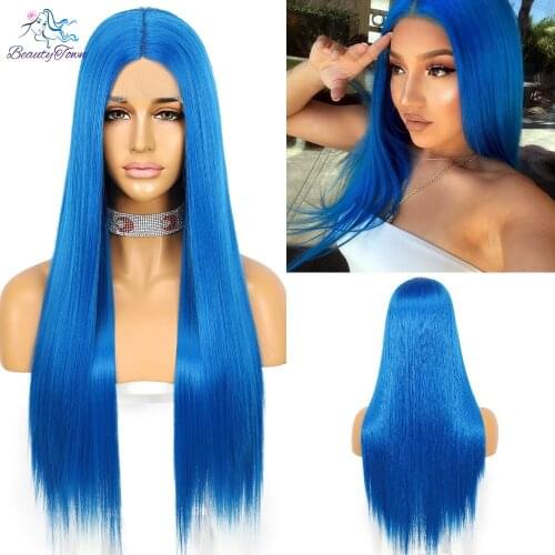 BeautyTown Synthetic Lace Blue Long Straight Wig Deep Middle Part Heat Resistant Cosplay Highlight Futura Hair for Black Women
