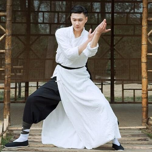 Traditional Chinese Style Long Robe Gown Men Cotton Tang Suits Crosstalk Stage Wu Shu Tai Chi Clothing Uniform Casual Blouse