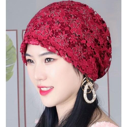 Breathable Summer Muslim Turban Hat Women Flower Embroidery Lace Hijab Bonnet Ready to Wear Bandana Cap Head Cover Stretchy Hats