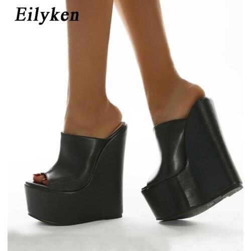 Eilyken Fashion Black New Platform Wedge Peep Toe Slippers 2021 Summer Female Mules Shoes Woman Sexy Super High Heels Sandals