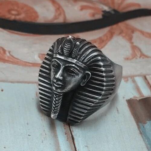 EYHIMD Vintage Egypt Tutankhamun Ring Mens Ancient Pharaoh Stainless Steel Biker Rings Egyptian Jewelry