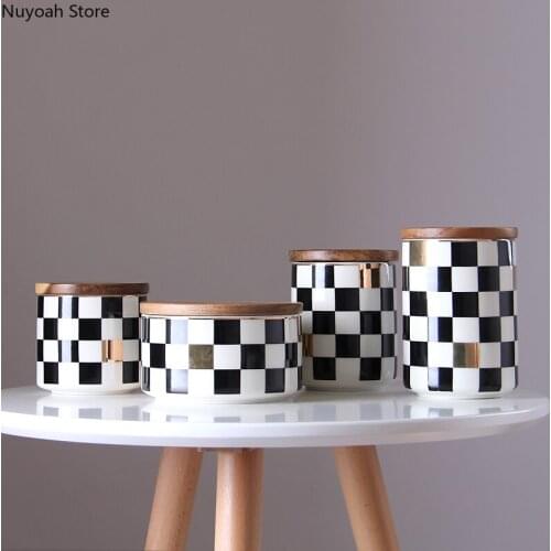Nordic Geometric Sealed Jar Ceramic Storage Jar Decoration Bamboo Cover Storage Box Multigrain Candy Jar Kitchen Supplies