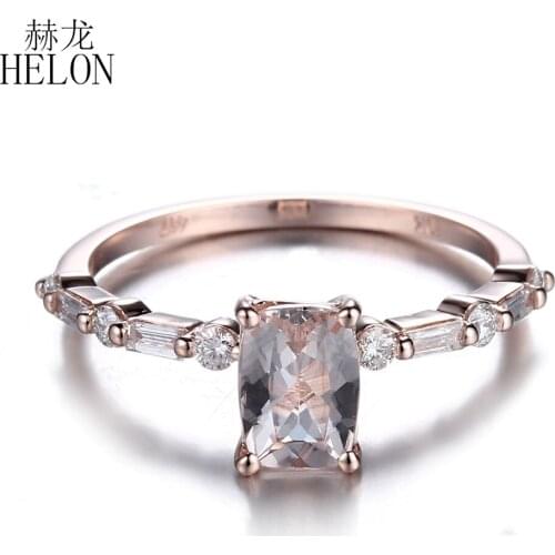 HELON Solid 14K Rose Gold Flawless Cushion 7x5mm Genuine Natural Morganite Diamonds Trendy Fine Jewelry Engagement Wedding Ring