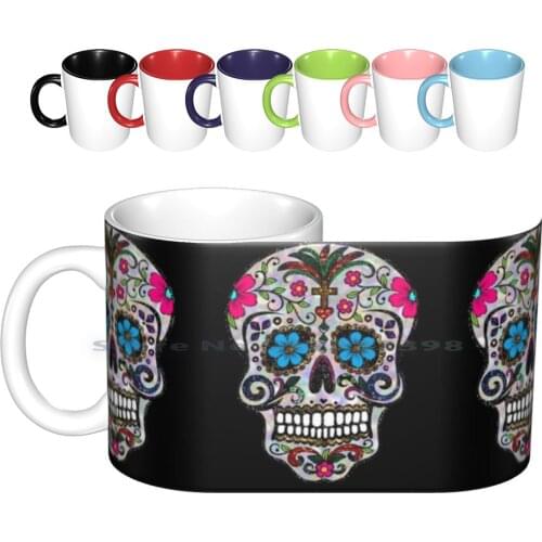 Sequin Print Sugar Skulls Ceramic Mugs Coffee Cups Milk Tea Mug Sequin Sugar Skulls Glitter Sugar Skull Halloween Sugar Skull
