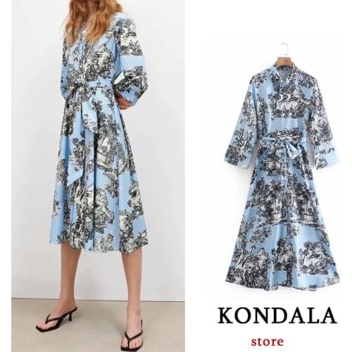 KONDALA Women Sweet Dress Za Fashion 2021 Poplin Blue Printed Shirt Midi Dress Female Spring Vintage Mujer Vestidos