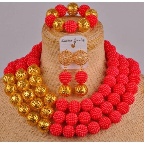 Red costume necklace nigerian beads jewelry set simulated pearl beads african wedding set bridal jewelry sets FZZ93