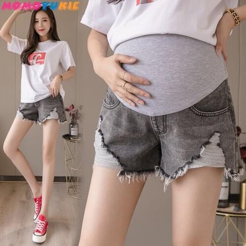 Summer Denim ripped hole Maternity Shorts for Pregnant Women Pockets Jeans Elastic Waist Care Belly short Pants plus size