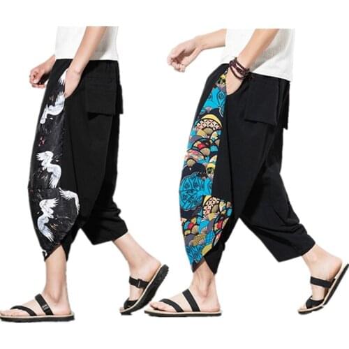 Linen Ukiyoe Mens Wide Crotch Harem Pants Loose Wide-legged Baggy Summer Male Casual Pants Big Pocket Baggy Capri Pants Trousers