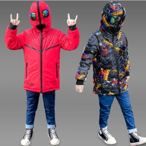 Boy Spider Man with Glasses, Hood, Cotton Padded Clothes on Both Sides Kids Down Jacket Boy Fashion Coat Double-side Coat