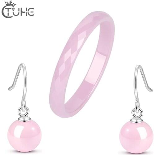 Fashion 925 Sterling Silver Ceramic Jewelry Set Round Drop Earrings 3MM Cut Surface Pure Ceramic Ring White Pink Party Jewelry