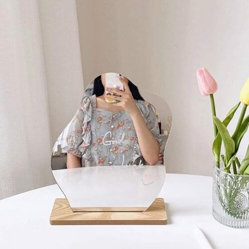 Cloud-shaped Irregular Glass Table Makeup Mirror with Beech Wood Base Creative Dressing Desktop Mirror Vertical Beauty