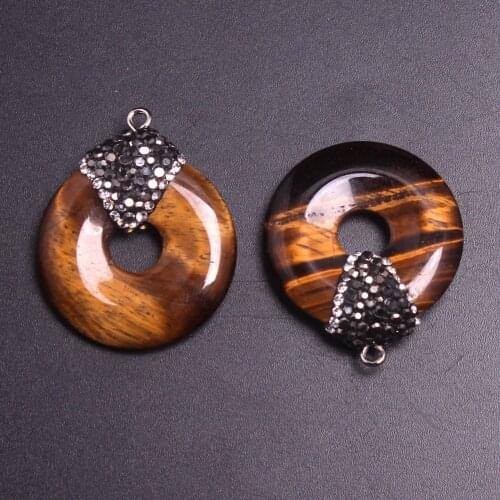 Wholesale 50pcs Rhinestone Necklace Pendant Natural Stone Agates Peace Donuts Charms Healing Reiki Pendants Women Gift Amulet