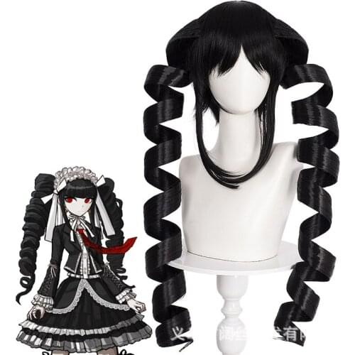 Danganronpa Celestia Ludenberg Black Long Curly Ponytails Wig Cosplay Costume Dangan Ronpa Yasuhiro Taeko Synthetic Hair Wigs