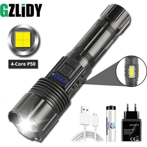 Portable LED Flashlight Powerful XHP50 Torch USB Rechargeable COB Camping Lantern with Power Display Waterproof Zoom 18650 Light
