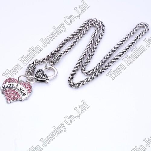 The Perfect Gift Navy Mom Hypoallergenic Necklace crystal heart with wheat link chain necklaces