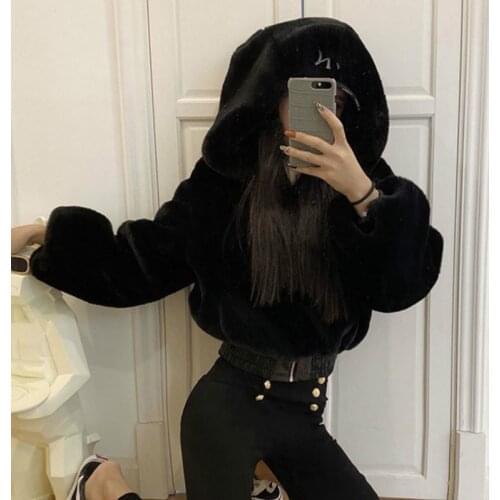 Puloru Autumn Winter Furry Hooded Plush Jacket Casual Womens Faux Rabbit Fur Bomber Coats Long Lantern Sleeve Fleece Outwear
