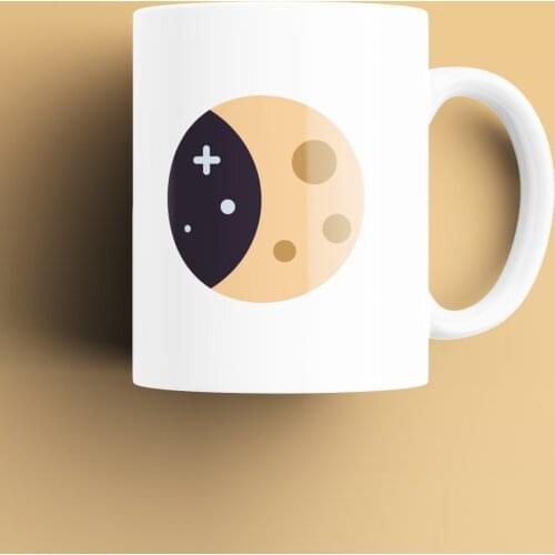 Moon Patterned, Printed White Mug Cup, Porcelain Raw Material, Handle, Gift Product, quality Mug and Printing