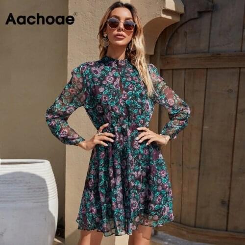 Aachoae Chic Hollow Out Mini Dress Boho Floral Print Chiffon Party Dress Pleated Sleeve Ruffles Dress Women Sundress Vestidos