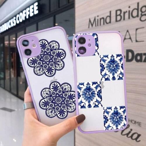 Blue and white porcelain Phone Case For iPhone 12 11 Mini Pro XR XS Max 7 8 Plus X Matte transparent Purple Back Cover