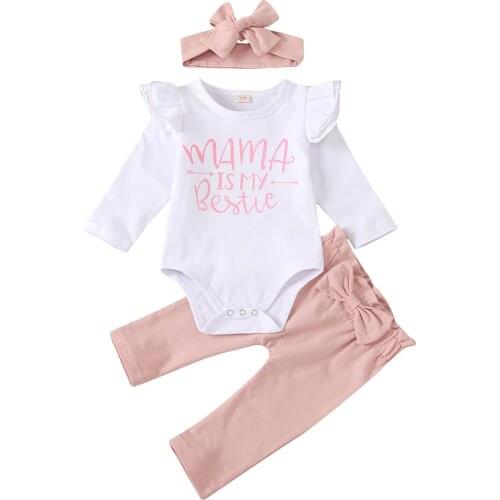 New Born Girls Warm Suit, Letter Print Lace Long Sleeve Top, Solid Color Bow Long Pants with Hair Band 3-piece Suits