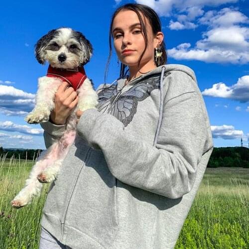 Butterfly Pattern Rhinestone Zipper Casual Loose 90s Hoodies Autumn Y2k Fashion Long Sleeve Grey Oversize Sweatshirts For Women