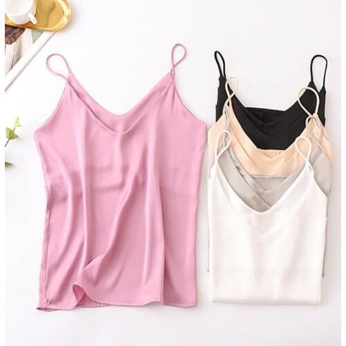 Summer Spaghetti Strap Tops Women Halter V Neck Basic Black White Cami Sleeveless Satin Silk Tank Womens Sexy Camisole